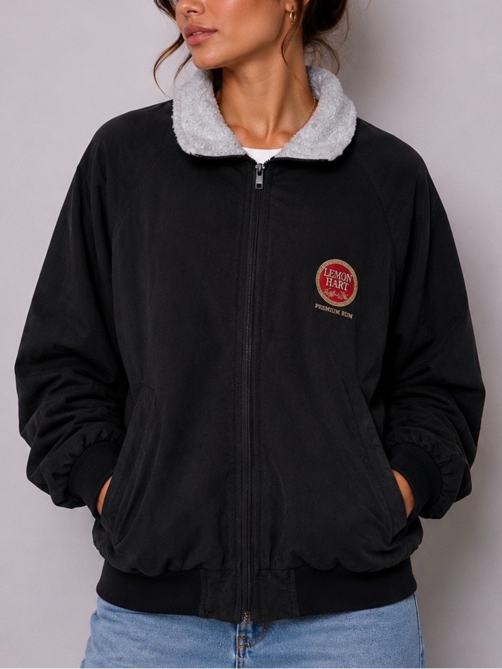 Vintage Black Bomber Fall Jacket with Sherpa Collar Lemon Hart Rum 90s